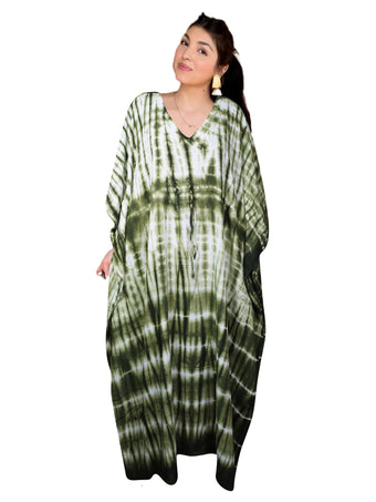 Boho Green & White Maxi Kaftan Dress – Soft, Flowy Caftan Beach Cover Up for Women L-3XL