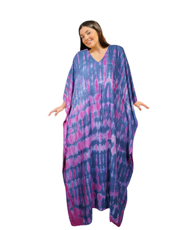 Boho Purple Tie-Dye Maxi Kaftan – Flowy Beach Cover-Up for Women L-3XL