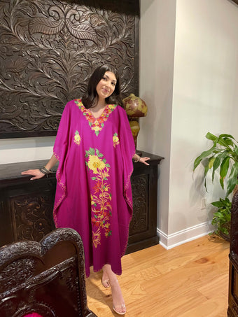 Purple Embroidered Cotton Maxi Kaftan Dress for Women L-3XL