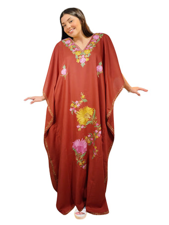 Women’s Red Cotton Maxi Kaftan – Colorful Embroidered Boho Summer Dress  L-2X