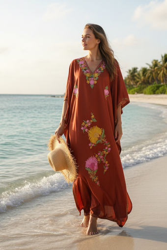 Women’s Red Cotton Maxi Kaftan – Colorful Embroidered Boho Summer Dress L-2X