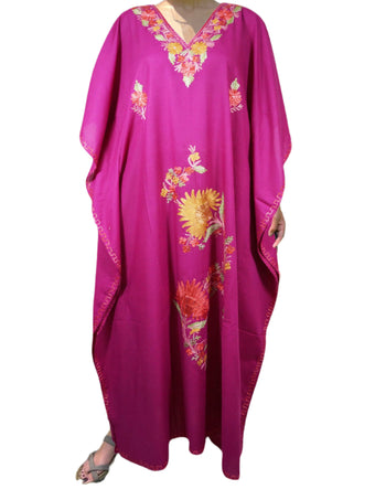 Women’s Dark Pink Cotton Maxi Kaftan – Boho Summer Dress with Colorful Embroidery L-2X