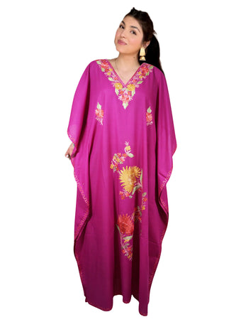 Women’s Dark Pink Cotton Boho Kaftan – Hand-Embroidered Maxi Dress L-2X