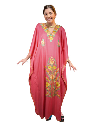 Women’s Pink Cotton Maxi Kaftan – Yellow Embroidered Boho Summer Dress  L-2X