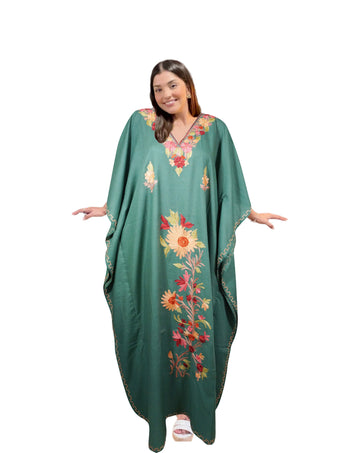 Women’s Green Cotton Maxi Kaftan – Colorful Embroidered Boho Summer Dress L-2X