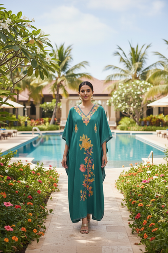 Women’s Green Cotton Maxi Kaftan – Colorful Embroidered Boho Summer Dress