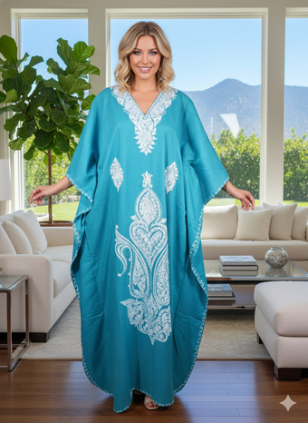 Women's Blue Kaftan Maxi Dress – Boho Cotton Caftan Lounge Dress L-2XL