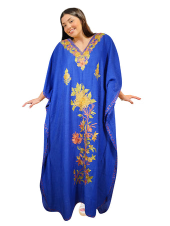Women’s Dark Blue Cotton Boho Kaftan – Hand-Embroidered Maxi Dress, Ethnic Wear L-2X