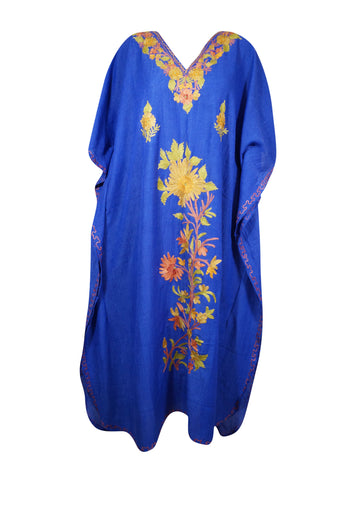 Women’s Dark Blue Cotton Maxi Kaftan – Boho Summer Dress with Vibrant Embroidery L-2X