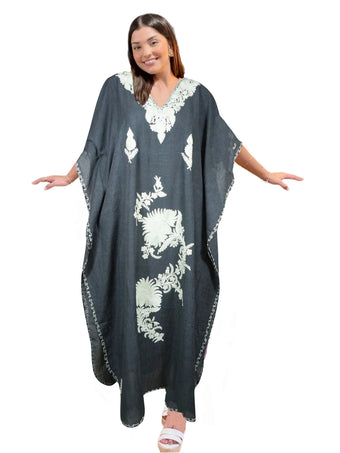 Womens Maxi Kaftan Dresses, Black Embroidered Dress L-2XL