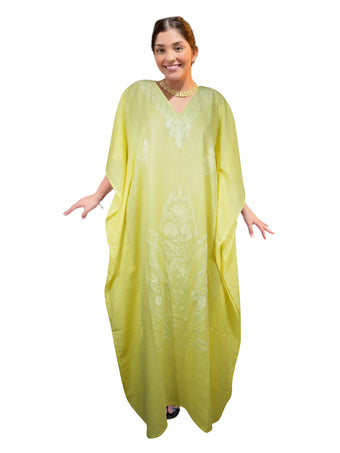 Women's Light Yellow Cotton Maxi Kaftan – Oversized Loose Boho Summer Caftan L-2X