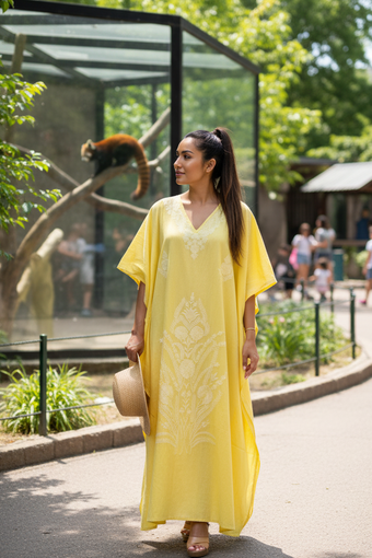 Women's Yellow Cotton Maxi Kaftan – Oversized Boho Summer Caftan, Loose & Breezy L-2X