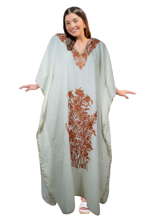 Women's White & Brown Embroidered Cotton Maxi Kaftan Boho Summer Dress L-2X