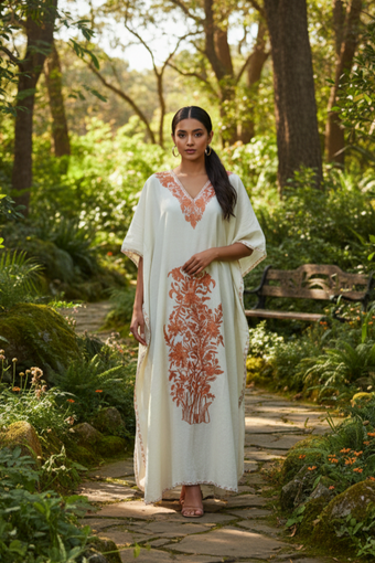 Women's White & Brown Embroidered Cotton Maxi Kaftan Boho Summer Dress
