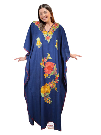 Women's Navy Blue Embroidered Cotton Maxi Kaftan Loose Boho Summer Dress L-2X