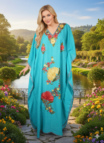 Women's Travel Maxi Dress – Sky Blue Embroidered Kaftan for Resort, Beach & Lounge Wear L-2XL