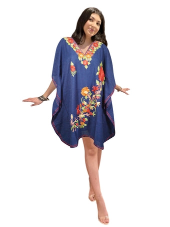 Women’s Navy Blue Short Caftan Dress – Colorful Embroidered Cotton Kimono Style L-2X