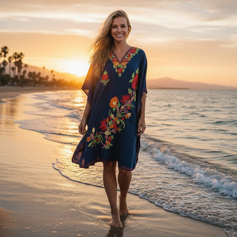 Women’s Navy Blue Caftan Midi Dress – Embroidered Cotton Kimono Kaftan L-2X