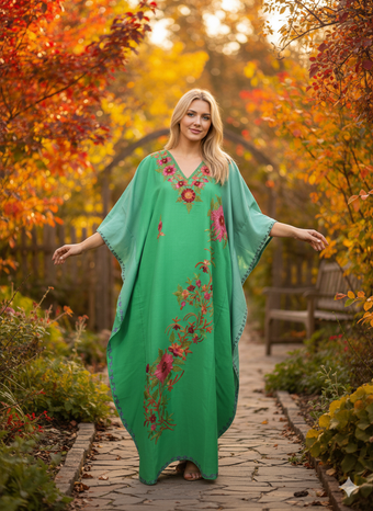 Green Kaftan Maxi Dress – Long Boho Kimono for Beach Holidays & Summer Style  L-2X
