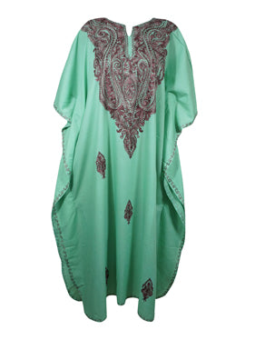 Women's Kaftan Muumuu Maxi Dress, Embroidered Mint Green, Boho Maxi Dress L-2X