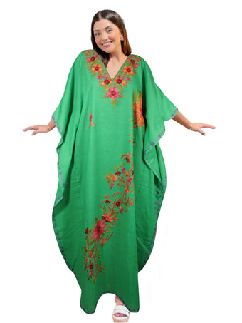 Women's Parakeet Green Kaftan Maxi Dress, Handmade Caftan for Cruise Holidays L-2X