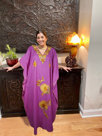 Women Kaftan Maxidress, Kimono Maxi Dress, Hawaiian Purple, Embroidered Dresses L-2X