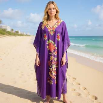Women’s Purple Kaftan Maxi Dress – Floral Embroidered Caftan for Resort & Beach