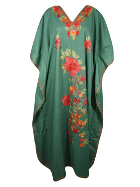Kaftan Maxi Dress, Embroidered Kimono, Jade green Earthy Cotton Caftan Dresses L-2X