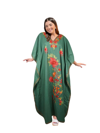 Kaftan Maxi Dress – Jade Green Embroidered Cotton Kimono Caftan for Women L-2X
