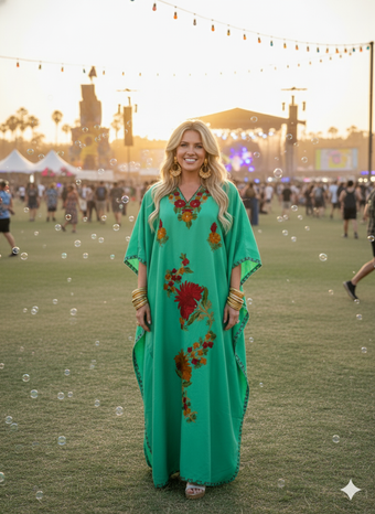 Mint Green Embroidered Kaftan Maxi Dress – Handmade Cotton Kimono Caftan for Women