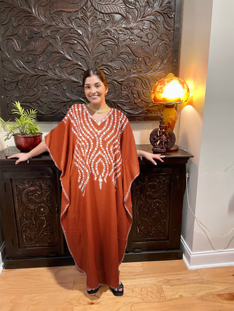 Kaftan Dresses For Women Burnt Orange Embroidered Cotton Caftan Maxidress L-2X