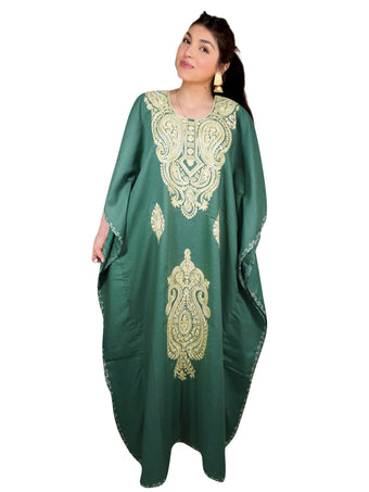 Womens Caftan Maxi Dress, Handmade Green Floral Embroidered Kimono Dresses L-2X