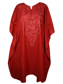  Womens Kaftan Short Dress, Embroidered Floral Beach Cover Up, Red Kimono Dresses L-2X