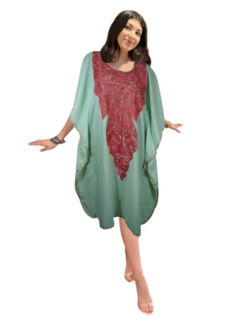 Womens Short Kaftan Dresses, Embellished Mint Green Lounger Cotton Kimono Dress L-2X
