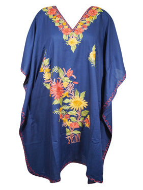 Womens Short Dresses, Flawless Deep Blue, Embroidered Loose Caftan Kimono Dress L-2X