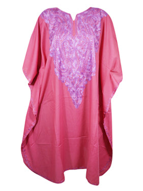 Women Caftan Dress, Cotton Embroidered Pink, Leisure Wear, Hostess Dresses, L-2X