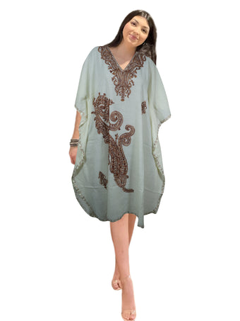 Womens White Caftan Dress, Embroidered, Butterfly Sleeves, Cruise Kaftan Short Dress L-2X