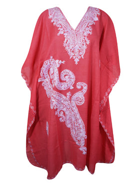 Coral Pink Cotton Embroidered Caftan Dress, Kimono Beach Cover Up Short Kaftan L-2X
