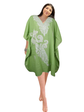 Women’s Leaf Green Short Caftan Dress – White Embroidered Cotton Kimono Style L-2X