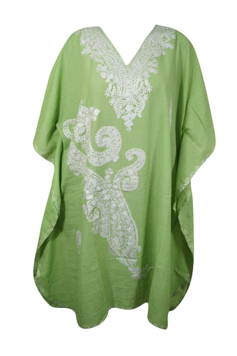 Women Spring Green Kaftan, Cover Up, Embroidered Kimono Caftan, Short Dress L-2X