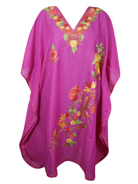 Women Short Kaftan Dress, Magenta Embroidered, Oversized Tunic, Leisure Wear L-2X