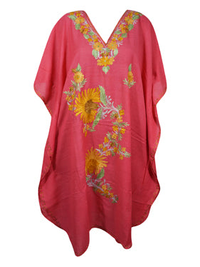 Coral Pink Cotton Embroidered Caftan Dress, Kimono Beach Cover Up Short Kaftan L-2X