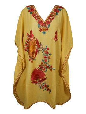 Women's Yellow Muumuu Caftan Short Dress, Cotton Embroidered Kimono Dresses L-2X