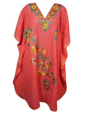 Women Short Kaftan Dress, Coral Peach Embroidered, Oversized Tunic, Leisure Wear L-2X