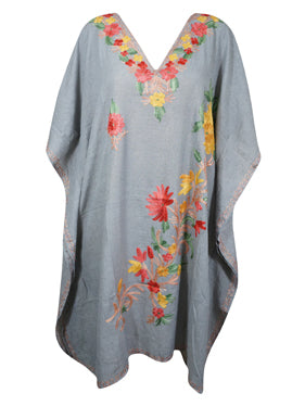 Women's Gray Muumuu Caftan Short Dress, Cotton Embroidered Kimono Dresses L-2X