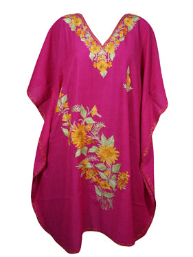 Women Short Kaftan Dress, Magenta Embroidered, Oversized Tunic, Leisure Wear L-2X
