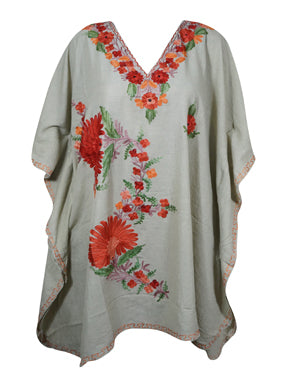 Women's Gray Muumuu Caftan Short Dress, Cotton Embroidered Kimono Dresses L-2X