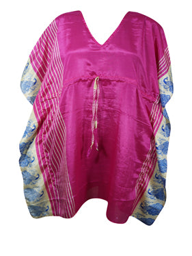 Radiant in Pink: Boho Chic Peacock Print Silk Kaftan, Spring Dress for Women L-2X