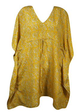 Womens Sungold Yellow Kaftan, Beach Floral Kaftan, Leisure Wear, Housedress, Stylish Short Caftan L-2X