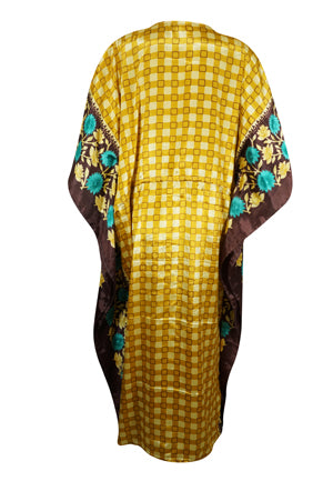 Sunflower Yellow Caftan, Boho Maxi Dress Silk Kaftan L-2X